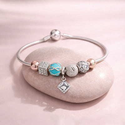 Infynia™ by Zyrene – Dual-Tone Silver Charm Bracelet | 925 Sterling Silver | Infinity & Crystal Charms