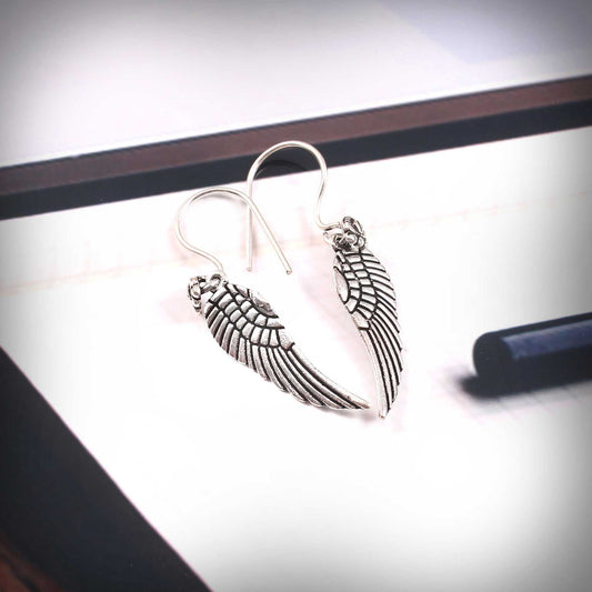 Zyrene Fallen Wing™ Drop Earrings – Antique Silver Finish | Angel Wing Earrings for Women | Minimal Vintage Aesthetic Jewelry