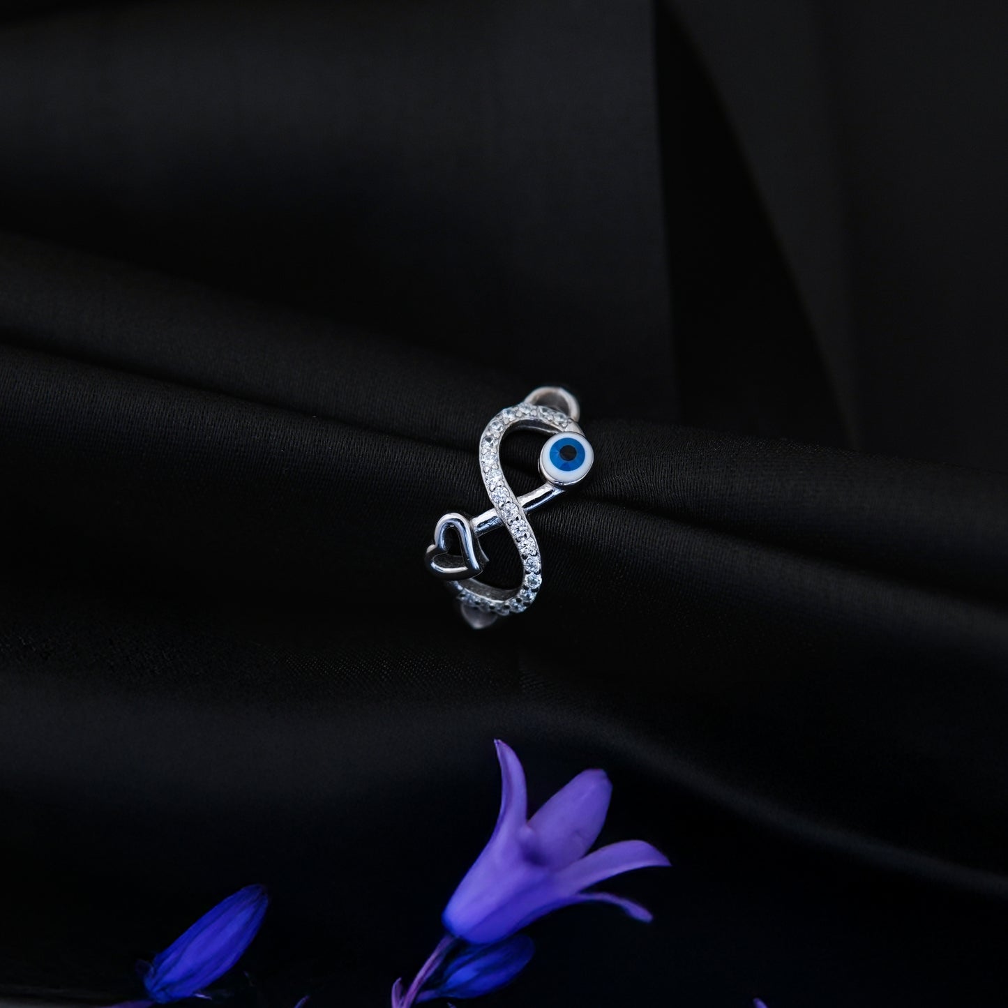 Amora™ by Zyrene – Evil Eye & Heart Crossover Ring | 925 Sterling Silver | Sparkle + Safeguard Vibes | Premium Lifetime Plating & 6-Month Warranty Included