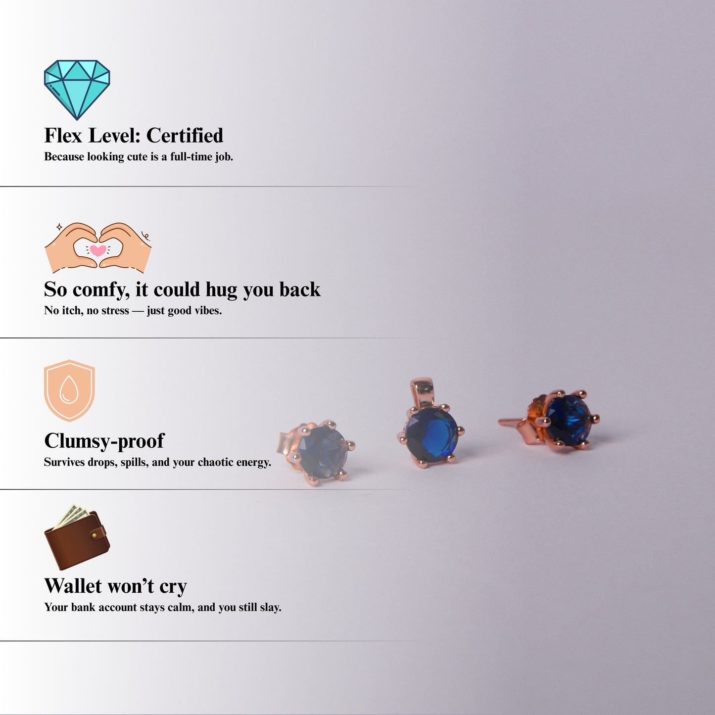 Blueluxe™ by Zyrene – Sapphire Solitaire Pendant & Earrings Set | 18K Rose Gold Finish | Timeless Minimal Elegance