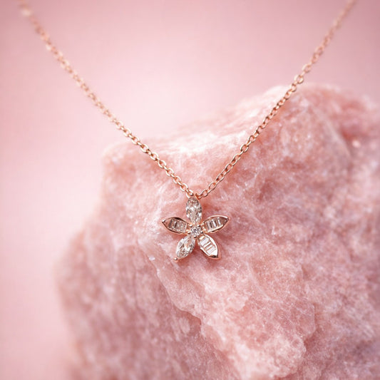 Florentine™ by Zyrene – Petal-Cut Crystal Flower Necklace | 925 Sterling Silver | Soft Glow Daily Wear Pendant