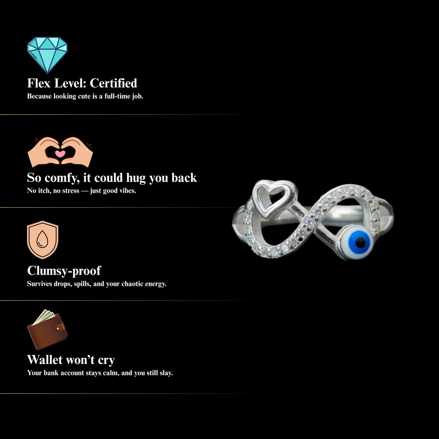 Amora™ by Zyrene – Evil Eye & Heart Crossover Ring | 925 Sterling Silver | Sparkle + Safeguard Vibes | Premium Lifetime Plating & 6-Month Warranty Included