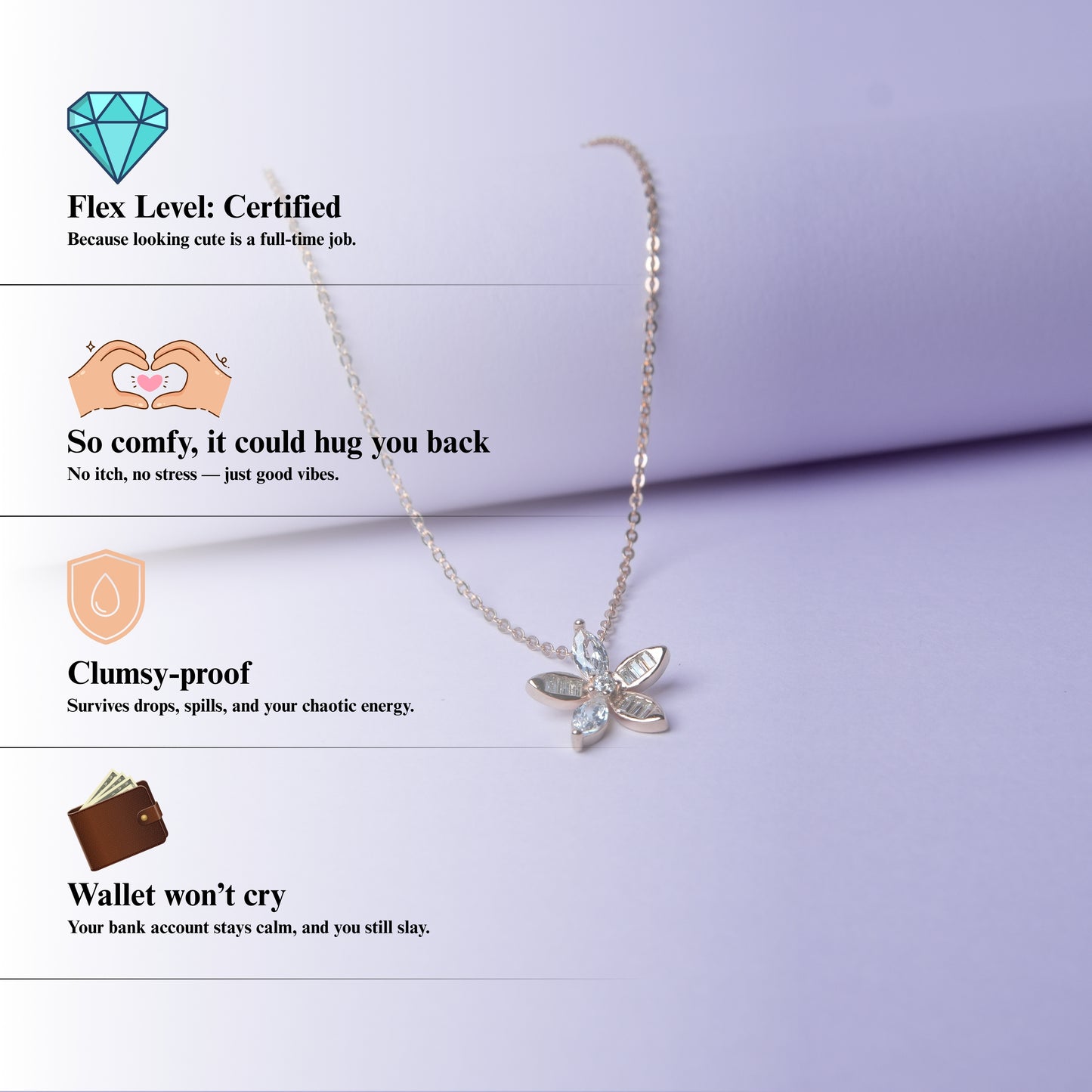Florentine™ by Zyrene – Petal-Cut Crystal Flower Necklace | 925 Sterling Silver | Soft Glow Daily Wear Pendant