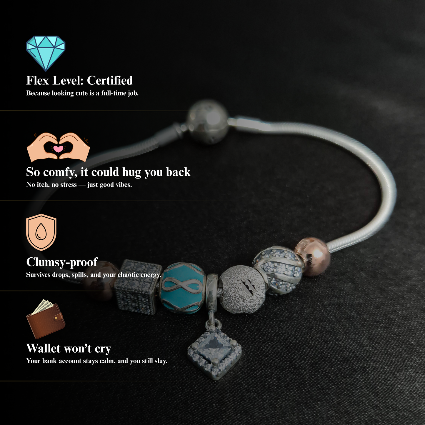 Suroor by Zyrene – 925 Silver Charm Bracelet | Premium Plating + 6 Months Warranty | Luxe Feel for Daily & Special Occasions