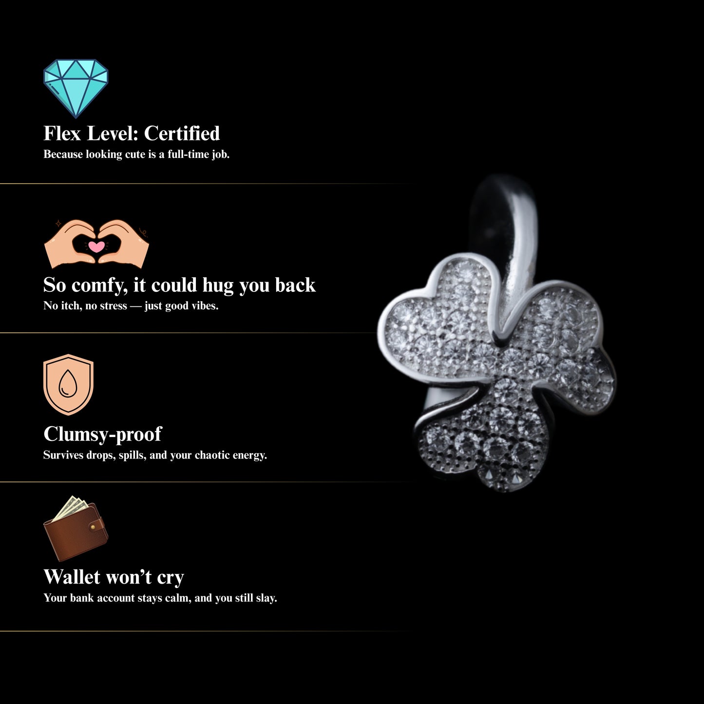 Clovera™ by Zyrene – Pavé Four-Leaf Clover Ring | 925 Sterling Silver | Lifetime Plating & 6-Month Warranty