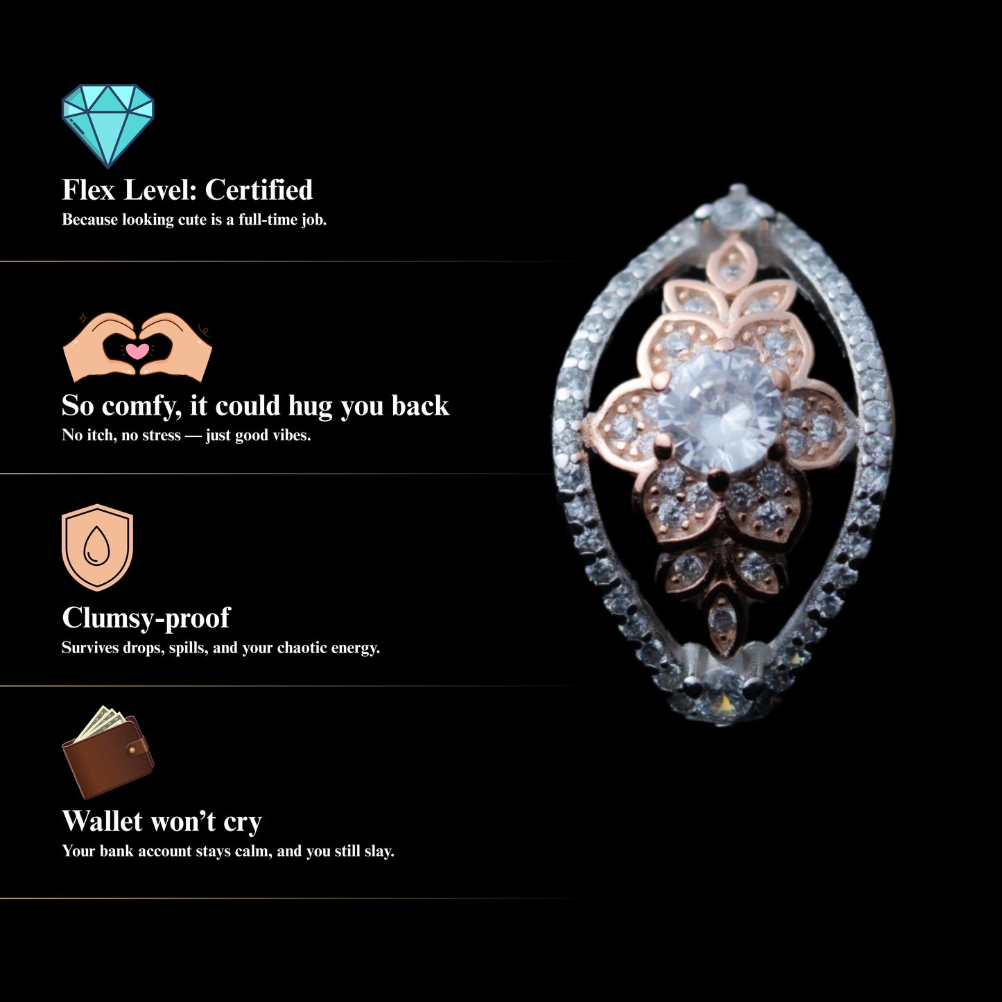 Florencia™ by Zyrene – Rose-Gold Blossom Statement Ring | 925 Sterling Silver | Lifetime Plating & 6-Month Warranty