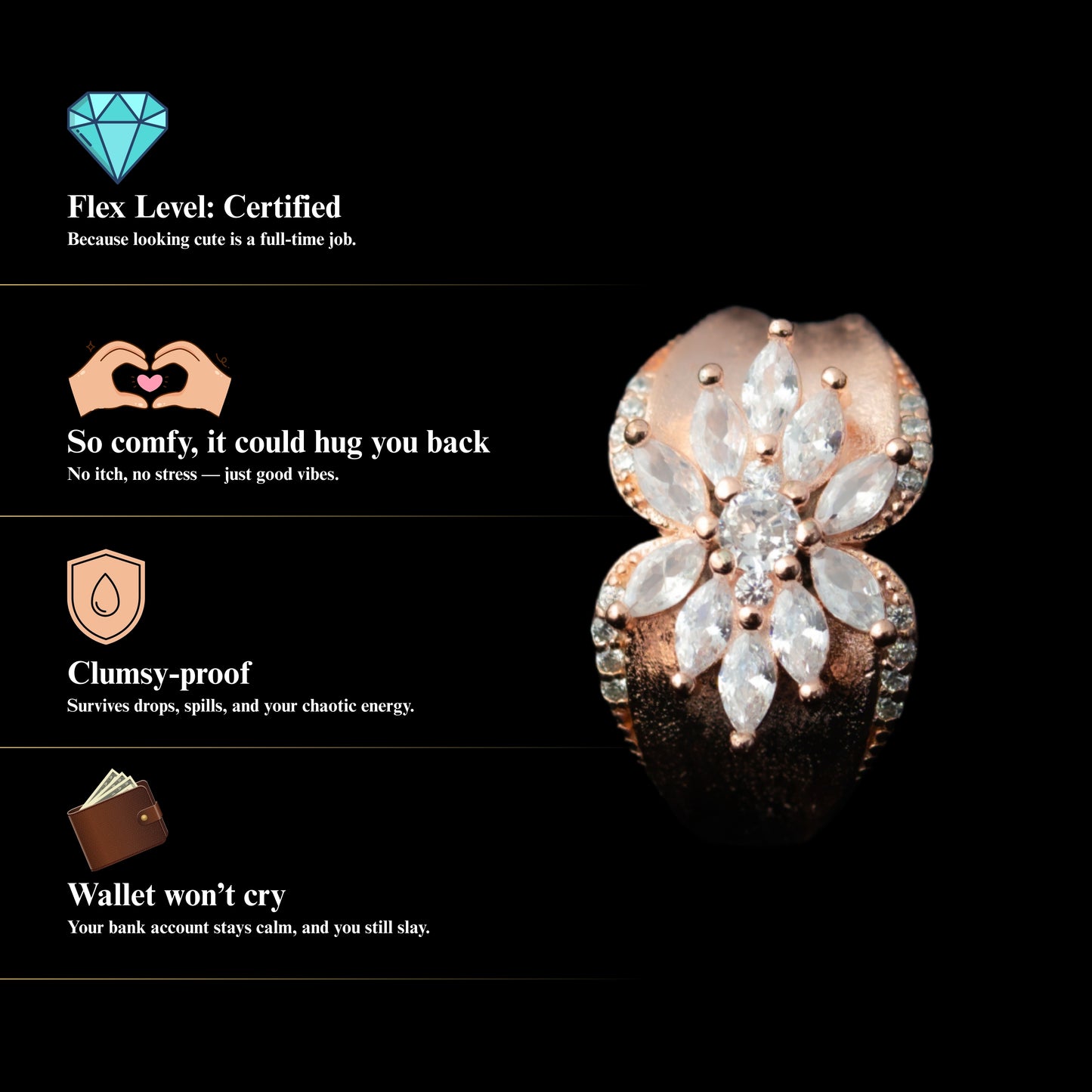 Rosava™ by Zyrene – Rose-Gold Floral Cluster Ring | 925 Sterling Silver | Lifetime Plating & 6-Month Warranty