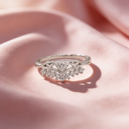 Aarika 925 silver tiara heart ring for women by Zyrene on pink satin background