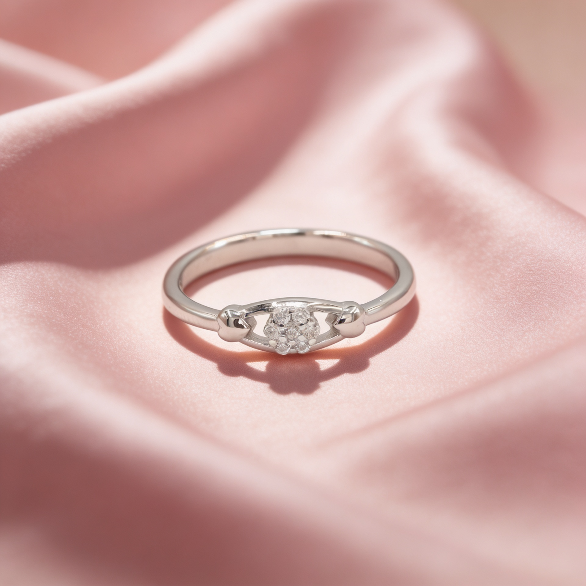 Aarvi 925 silver bloom ring for women by Zyrene on pink satin background