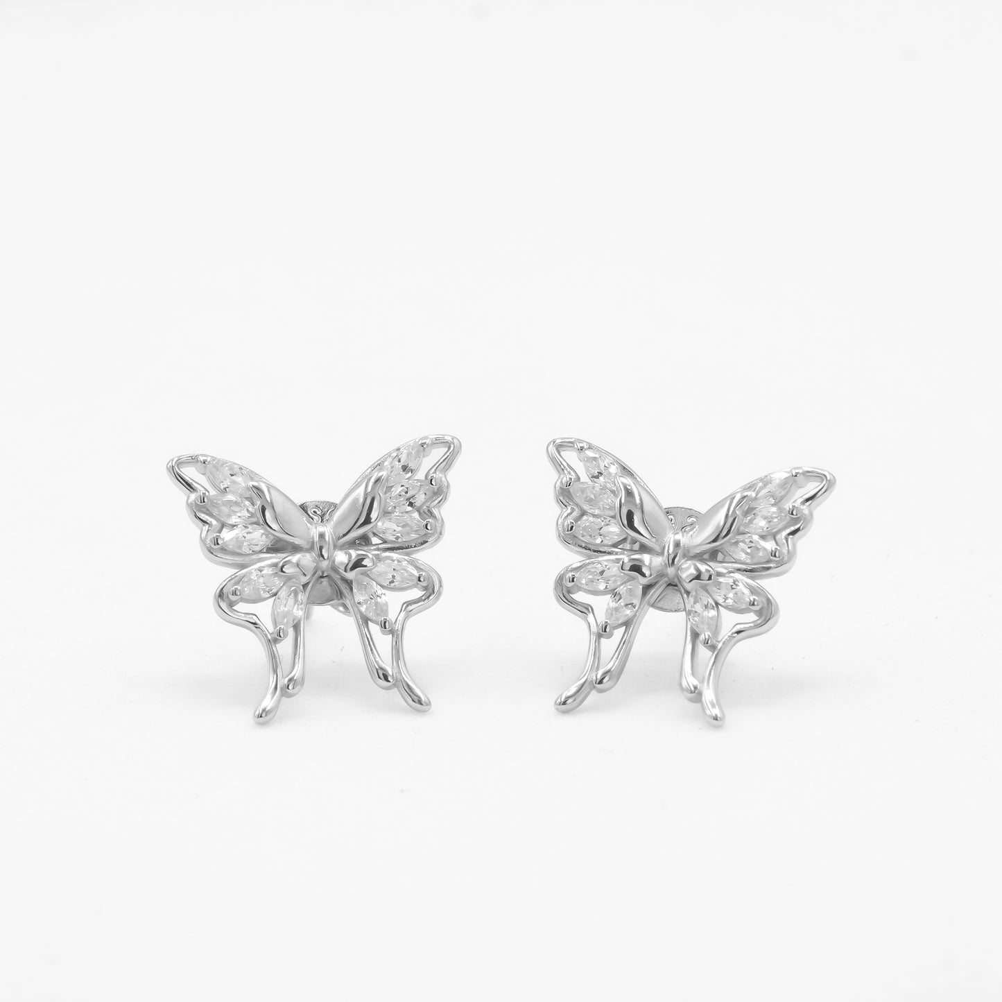 Side view of Zyrene butterfly stud earrings in 925 sterling silver