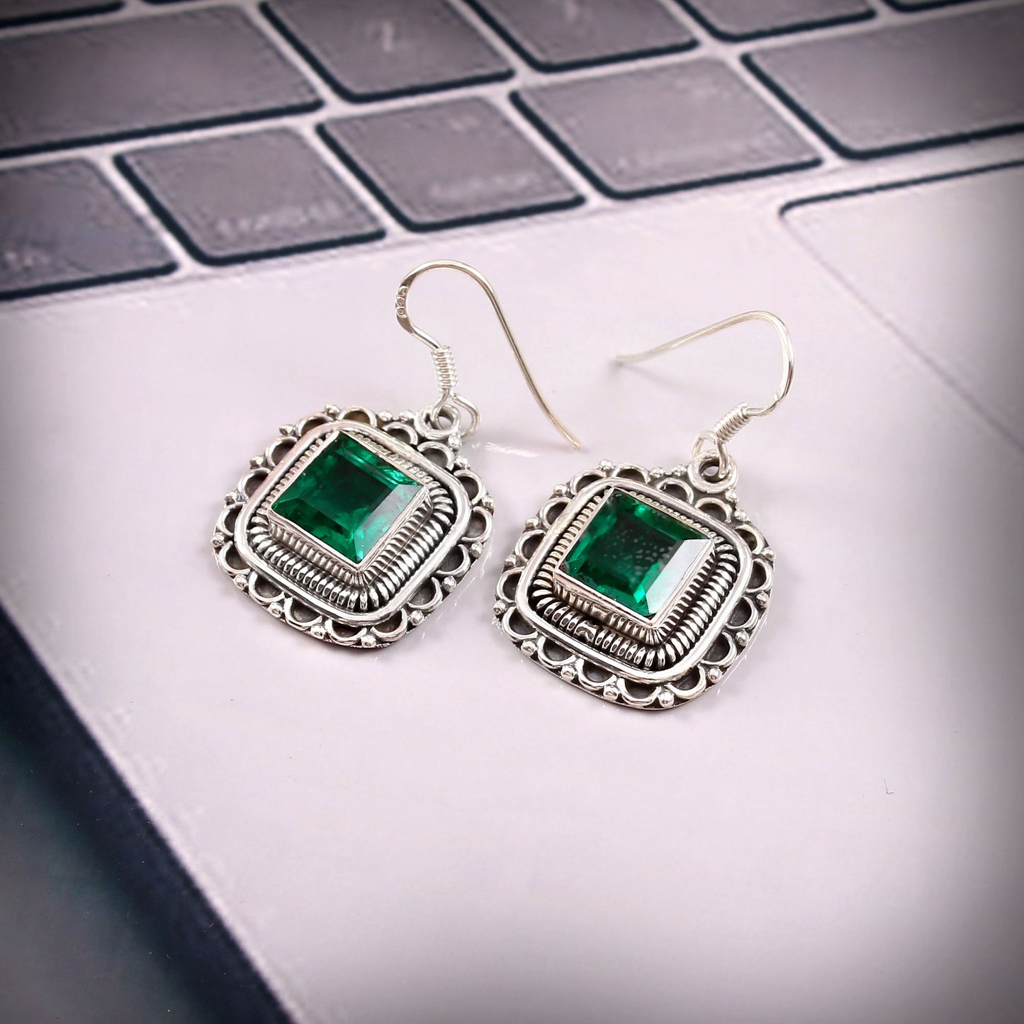 Elowen™ Vintage Emerald Frame Earrings | Sterling Silver | Old Soul Glow | Meaningful Gift for Her