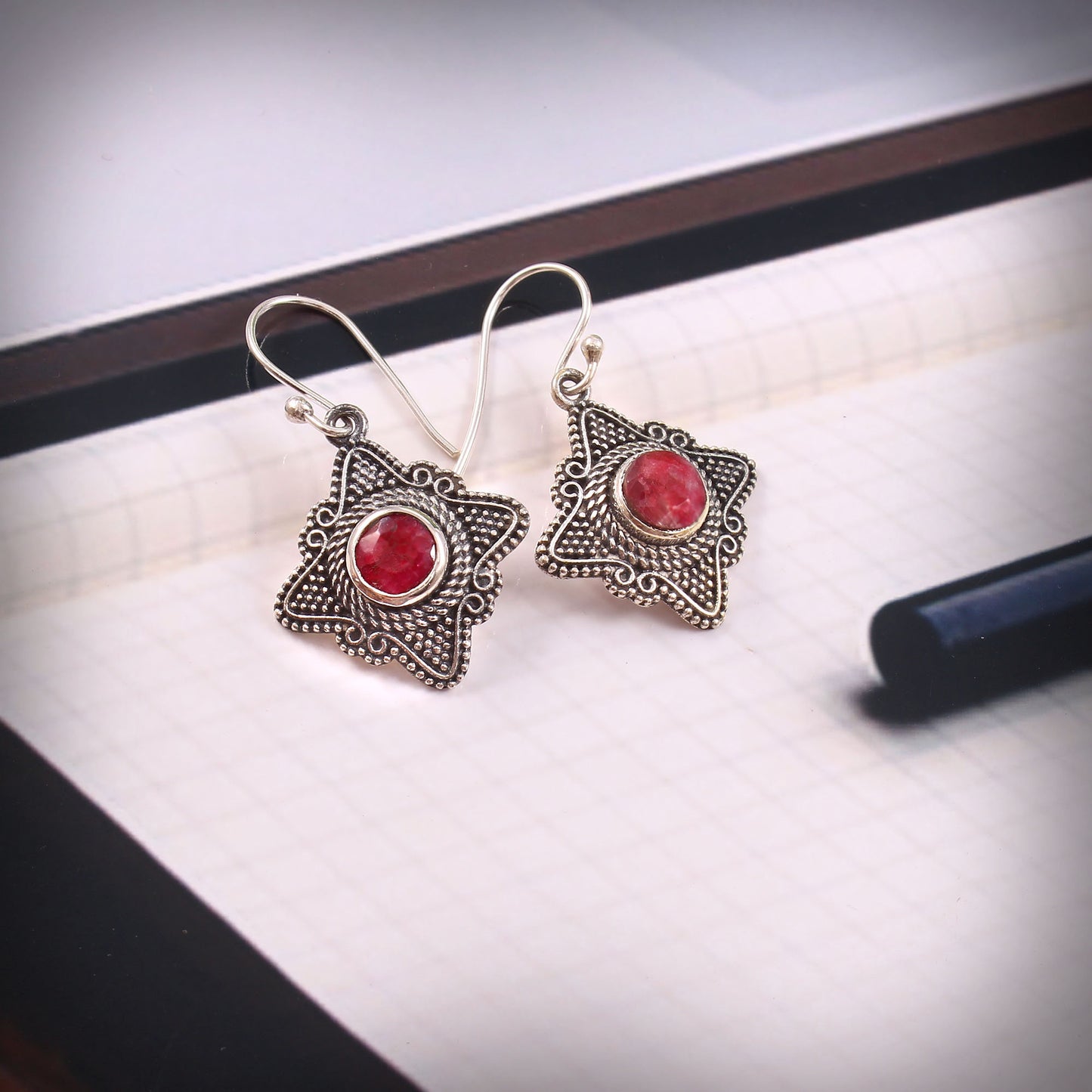 Ravelle™ Vintage Crimson Star Earrings | Sterling Silver | Old Soul Romance | Meaningful Gift for Her