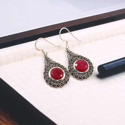 Roséra™ Crimson Teardrop Earrings | Vintage Silver Finish | Soft Romance Statement