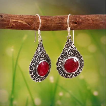 Roséra™ Crimson Teardrop Earrings | Vintage Silver Finish | Soft Romance Statement