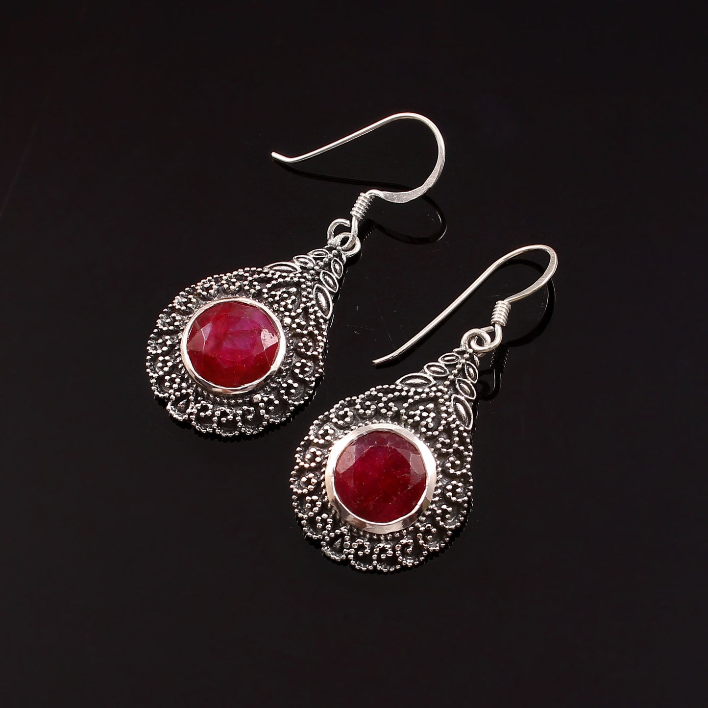 Roséra™ Crimson Teardrop Earrings | Vintage Silver Finish | Soft Romance Statement