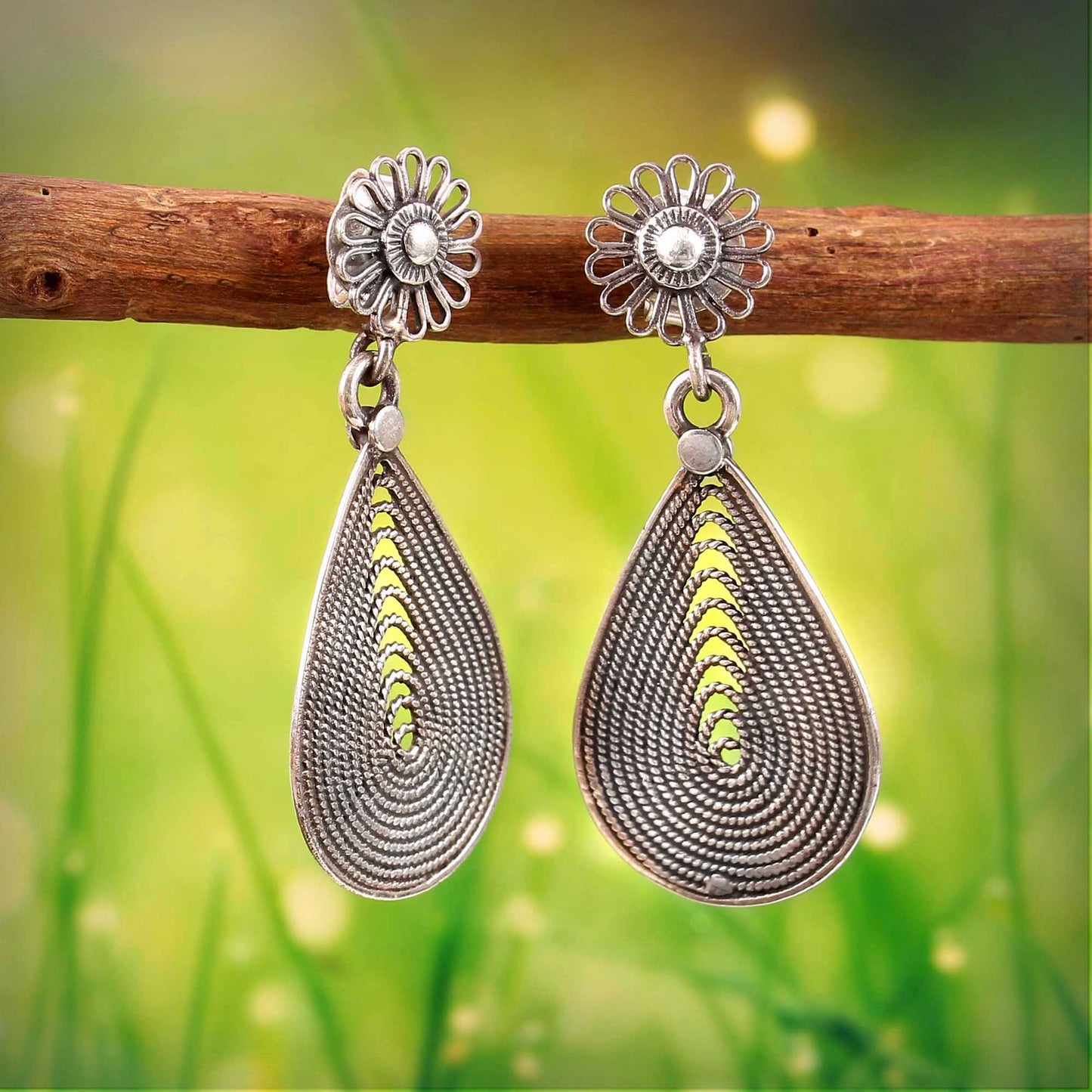 Zyrene Whisper Petal™ Drop Earrings – Antique Silver Finish | Vintage-Inspired Teardrop Earrings for Women | Elegant Gift for Her