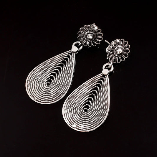 Zyrene Whisper Petal™ Drop Earrings – Antique Silver Finish | Vintage-Inspired Teardrop Earrings for Women | Elegant Gift for Her