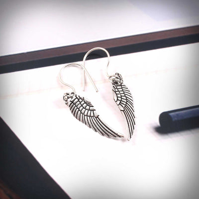 Zyrene Fallen Wing™ Drop Earrings – Antique Silver Finish | Angel Wing Earrings for Women | Minimal Vintage Aesthetic Jewelry