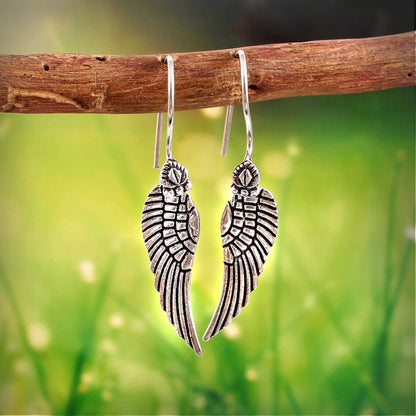 Zyrene Fallen Wing™ Drop Earrings – Antique Silver Finish | Angel Wing Earrings for Women | Minimal Vintage Aesthetic Jewelry