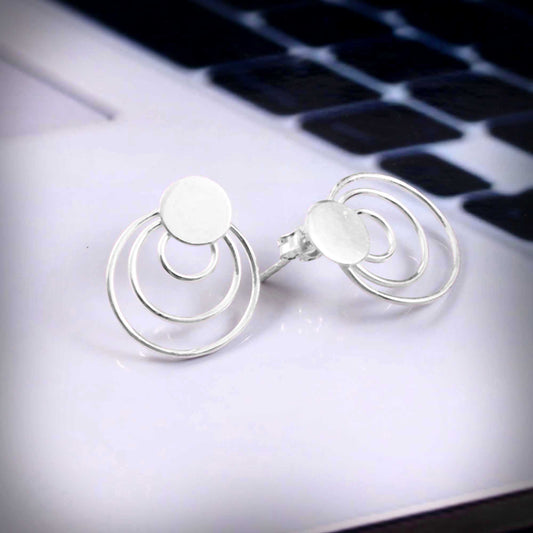 Zyrene Orbit Muse™ Stud Earrings – Silver Tone | Minimal Double Circle Earrings for Women | Everyday Modern Jewelry