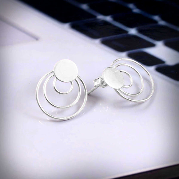 Zyrene Orbit Muse™ Stud Earrings – Silver Tone | Minimal Double Circle Earrings for Women | Everyday Modern Jewelry