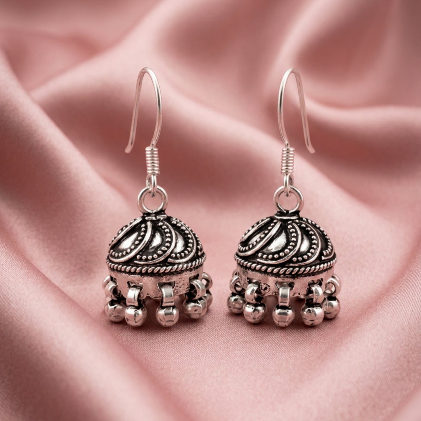 Zyrene Jingle Bloom™ Earrings – Silver Tone | Mini Dome Jhumka Earrings with Soft Dangle | Everyday Ethnic Charm