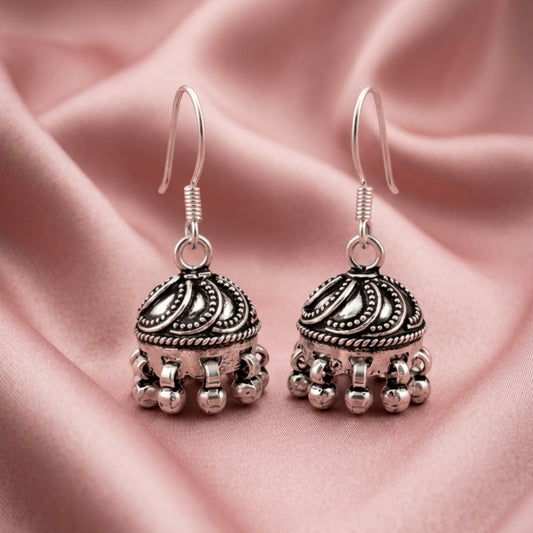 Zyrene Jingle Bloom™ Earrings – Silver Tone | Mini Dome Jhumka Earrings with Soft Dangle | Everyday Ethnic Charm