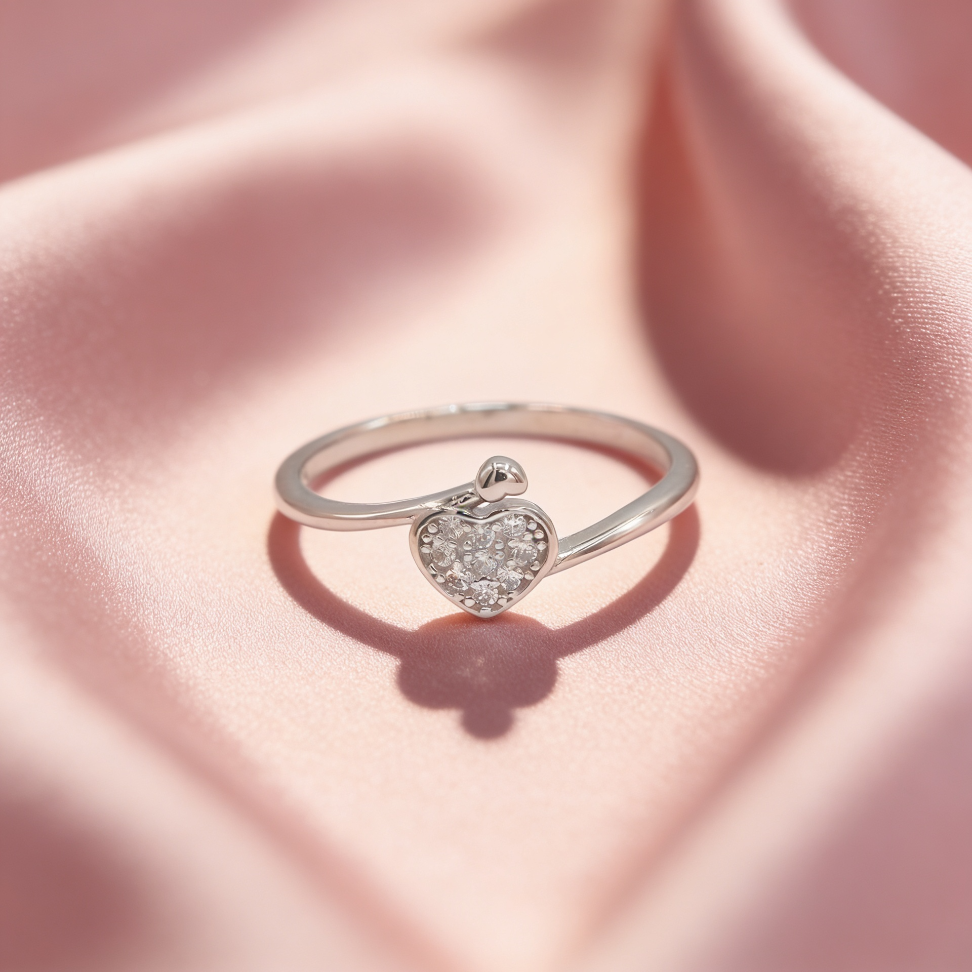 925 silver Cora heart ring for women by Zyrene on pink satin background