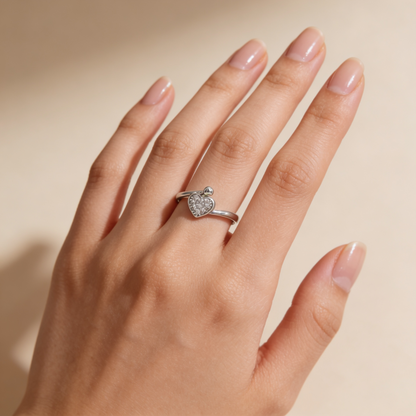 Zyrene Cora 925 silver heart ring worn on hand for everyday styling
