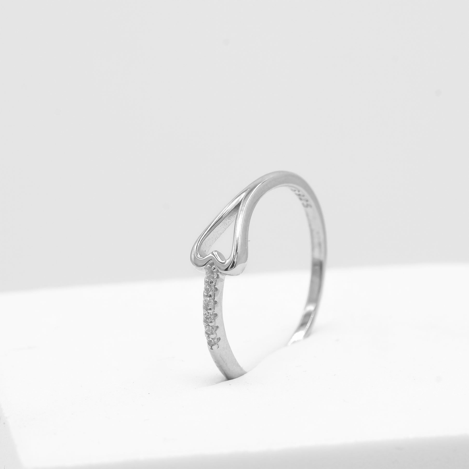 Front view of Ira open heart ring in 925 sterling silver by Zyrene