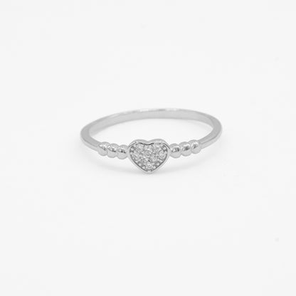 Close-up of Siya 925 silver beaded heart ring with sparkle stone detailing
