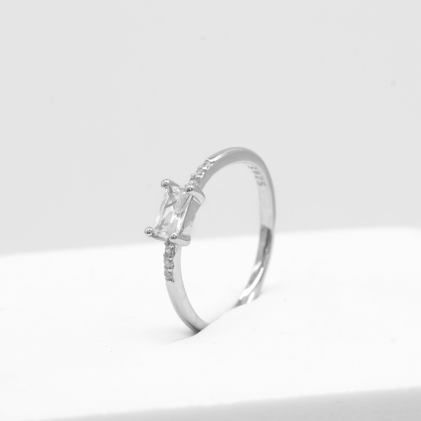 Front view of Mishka solitaire ring in 925 sterling silver by Zyrene