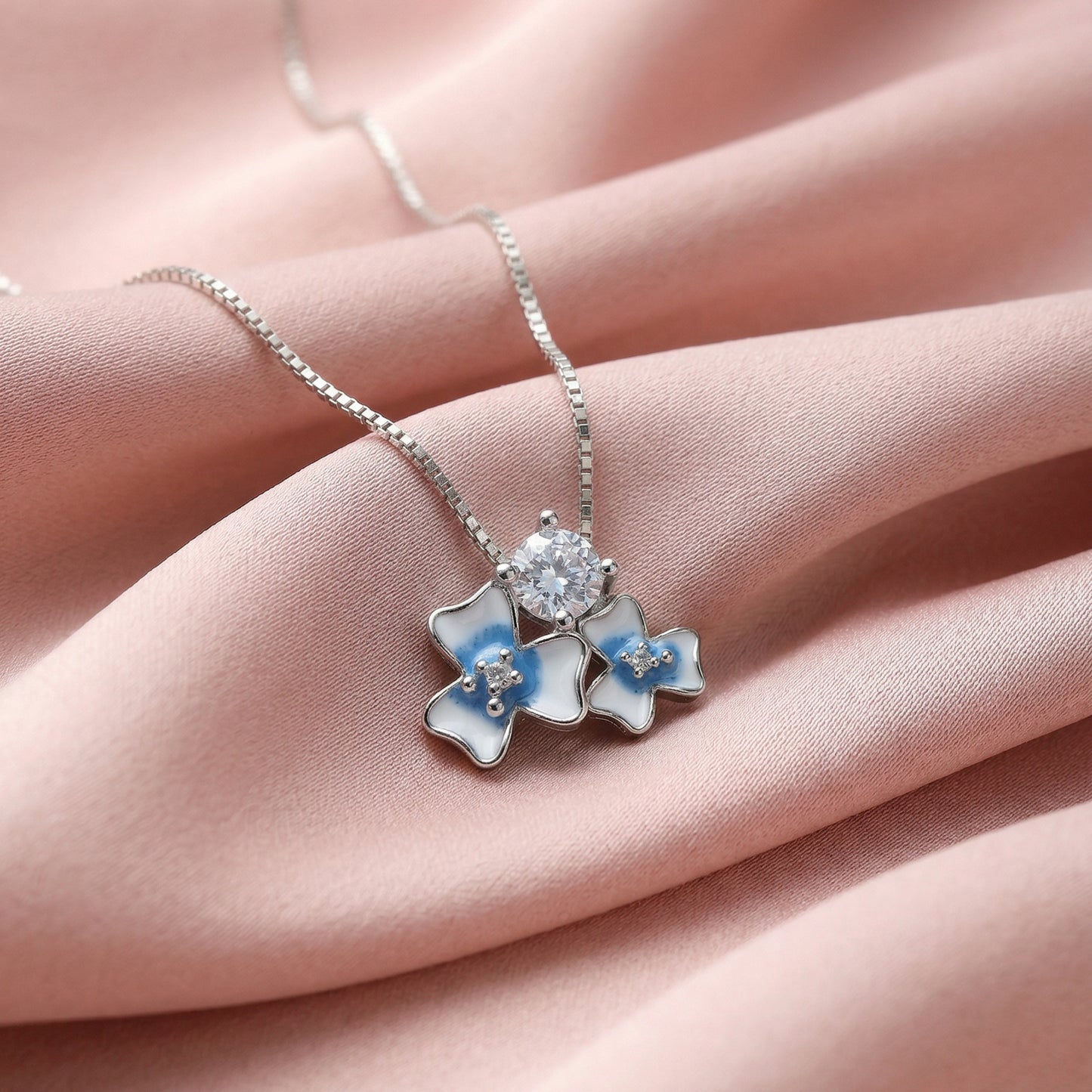 Aurelia™ by Zyrene – Blue Blossom Necklace | Enamel Floral Pendant | 925 Sterling Silver | Soft Dreamy Aesthetic