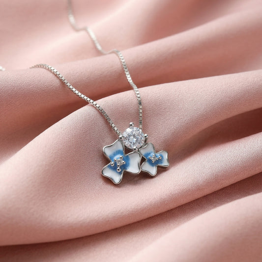 Aurelia™ by Zyrene – Blue Blossom Necklace | Enamel Floral Pendant | 925 Sterling Silver | Soft Dreamy Aesthetic