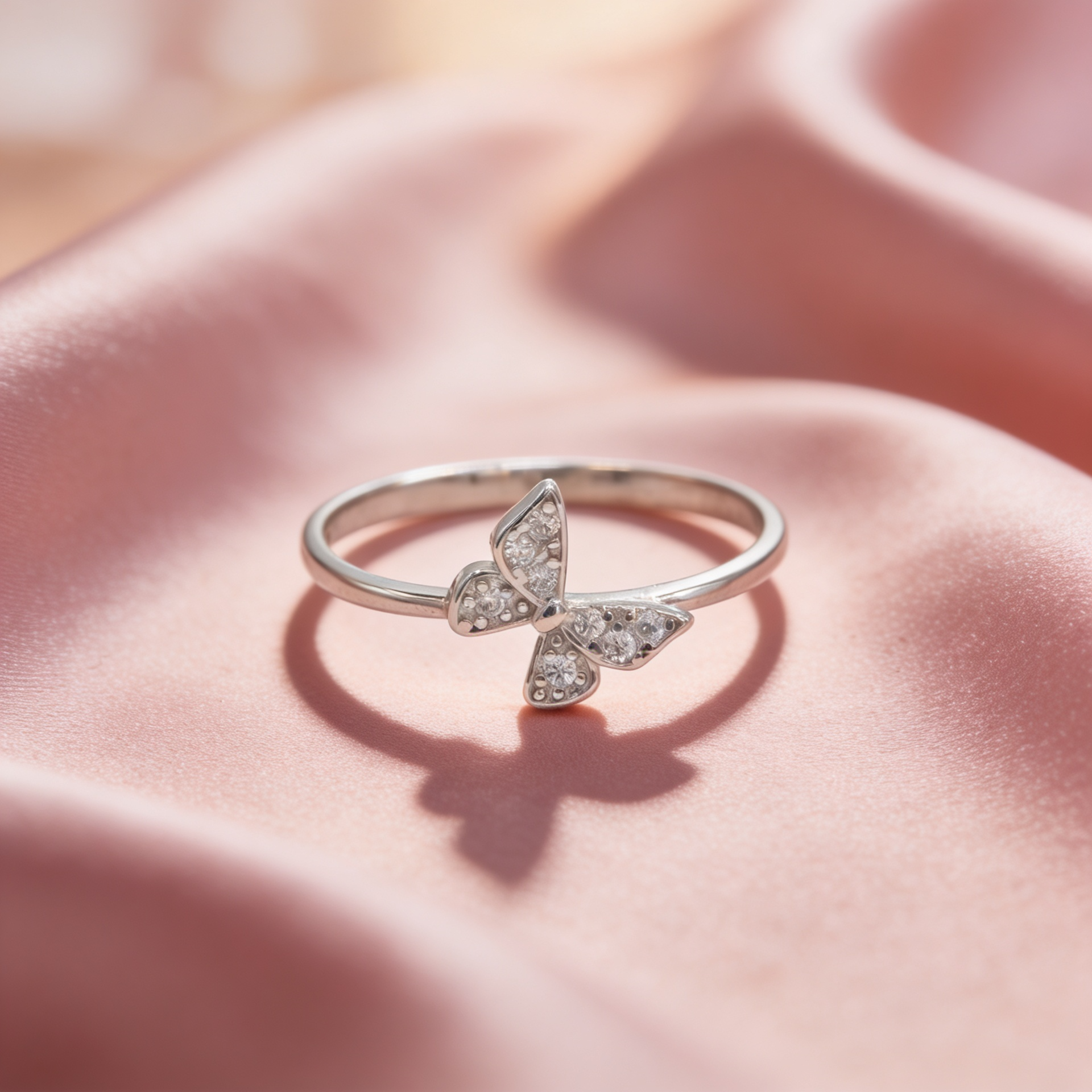 Pari 925 silver butterfly ring for women by Zyrene on pink satin background