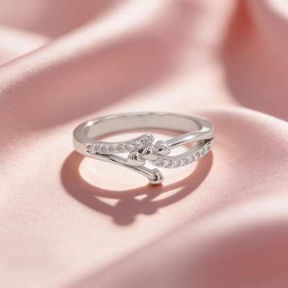 Reva 925 silver heartline ring for women by Zyrene on pink satin background