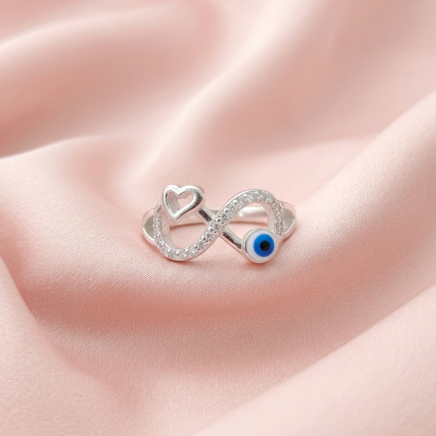 Amora™ by Zyrene – Evil Eye & Heart Crossover Ring | 925 Sterling Silver | Sparkle + Safeguard Vibes | Premium Lifetime Plating & 6-Month Warranty Included