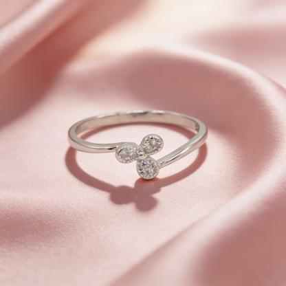 Tara 925 silver trio sparkle ring for women by Zyrene on pink satin background