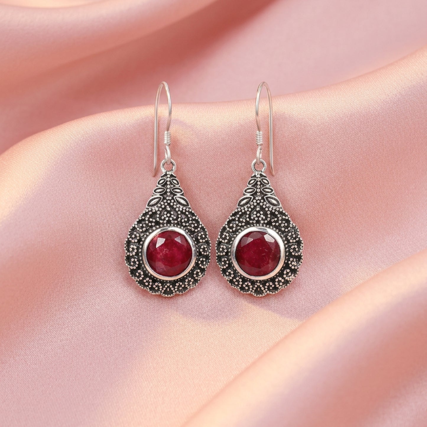 Roséra™ Crimson Teardrop Earrings | Vintage Silver Finish | Soft Romance Statement