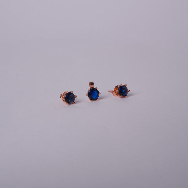 Blueluxe™ by Zyrene – Sapphire Solitaire Pendant & Earrings Set | 18K Rose Gold Finish | Timeless Minimal Elegance