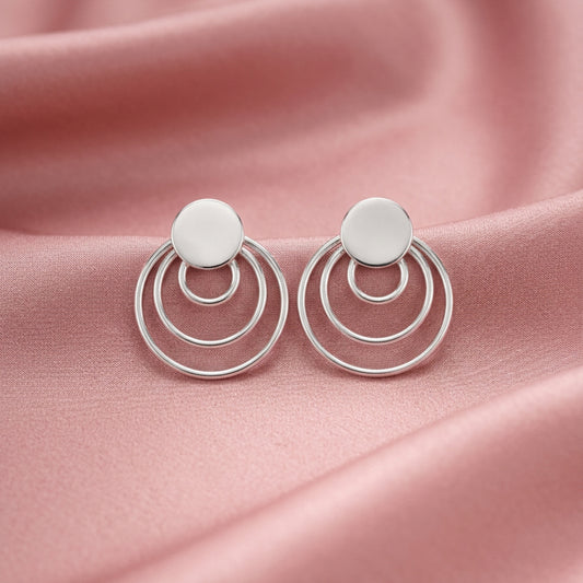 Zyrene Orbit Muse™ Stud Earrings – Silver Tone | Minimal Double Circle Earrings for Women | Everyday Modern Jewelry