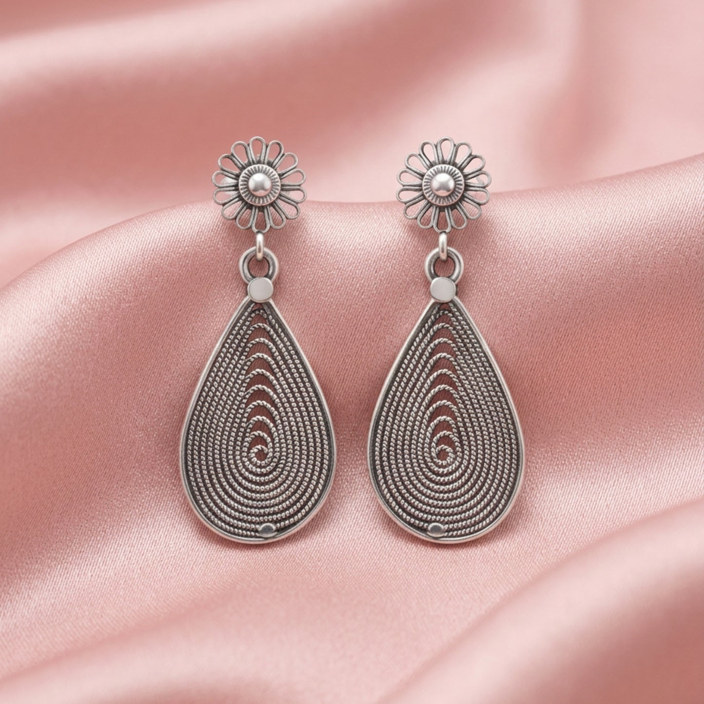 Zyrene Whisper Petal™ Drop Earrings – Antique Silver Finish | Vintage-Inspired Teardrop Earrings for Women | Elegant Gift for Her
