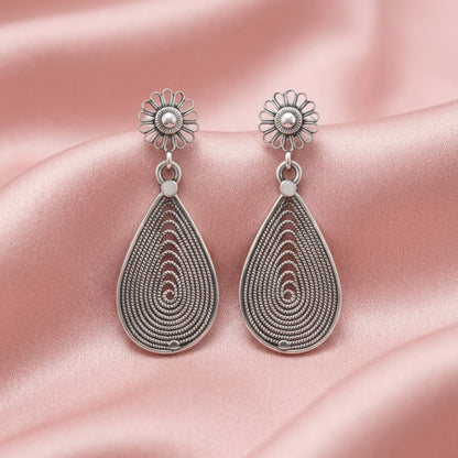 Zyrene Whisper Petal™ Drop Earrings – Antique Silver Finish | Vintage-Inspired Teardrop Earrings for Women | Elegant Gift for Her