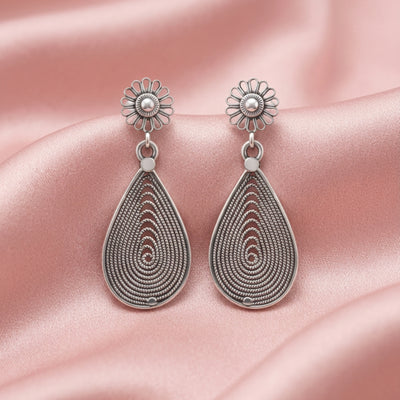 Zyrene Whisper Petal™ Drop Earrings – Antique Silver Finish | Vintage-Inspired Teardrop Earrings for Women | Elegant Gift for Her