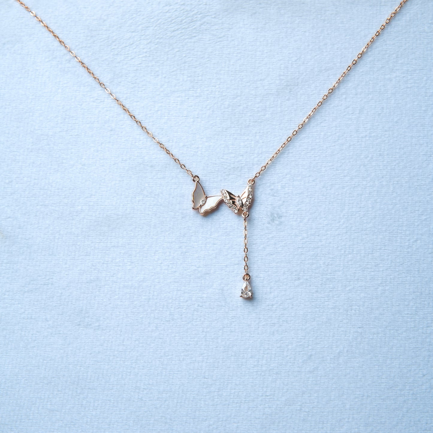 Papilloné™ by Zyrene – Crystal Butterfly Necklace | Rose-Gold Luxe | 925 Sterling Silver | Soft-Girl Elegance