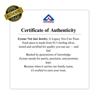 Zyrene BIS hallmark certificate for genuine 925 sterling silver jewellery