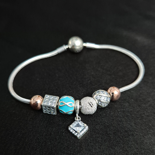 Infynia™ by Zyrene – Dual-Tone Silver Charm Bracelet | 925 Sterling Silver | Infinity & Crystal Charms