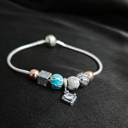 Infynia™ by Zyrene – Dual-Tone Silver Charm Bracelet | 925 Sterling Silver | Infinity & Crystal Charms