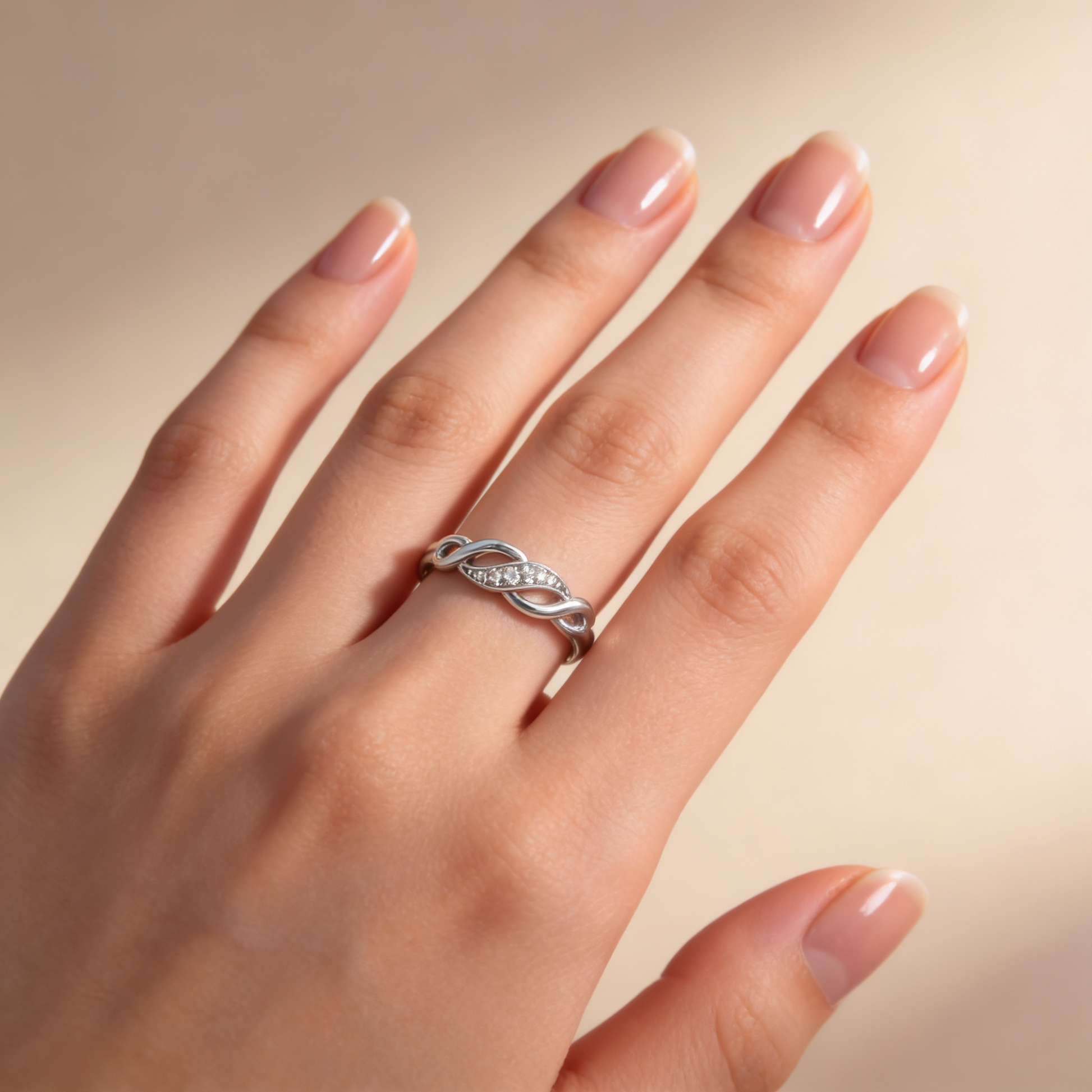 Zyrene Leher 925 silver infinity ring worn on hand for daily wear styling