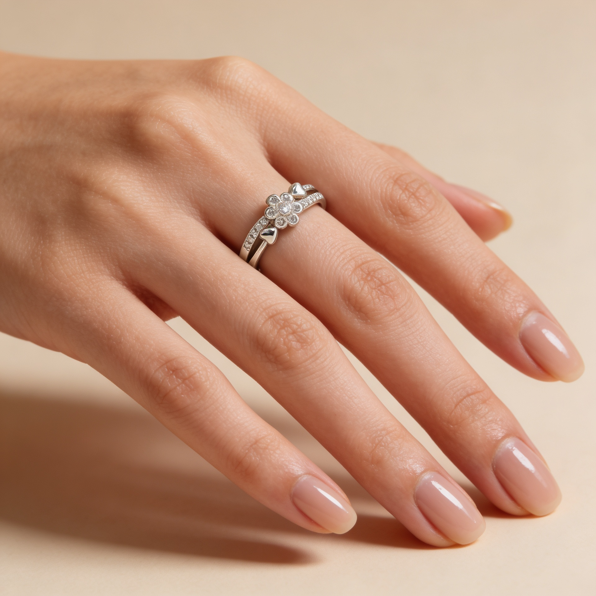 Zyrene Myra 925 silver flower heart ring worn on hand for daily wear styling
